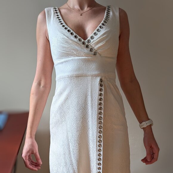 CATHERINE MALANDRINO White 100% Silk Grommet V Neck Cocktail Dress Size 4 - Picture 3 of 16